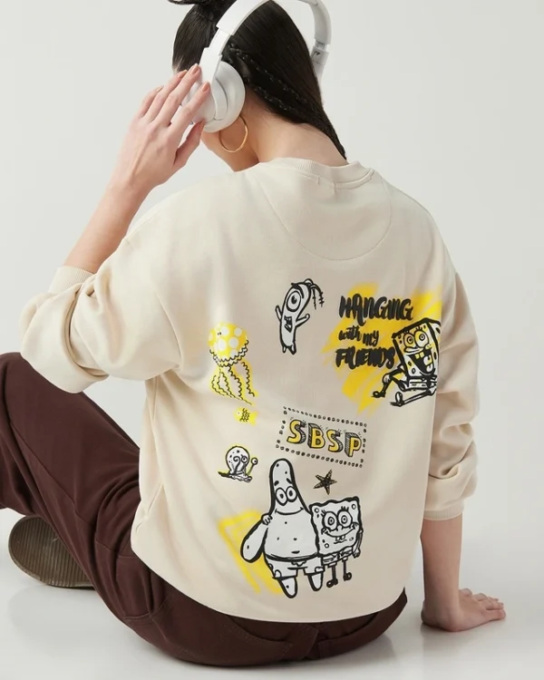 Women's Beige Printed Oversized Sweatshirt