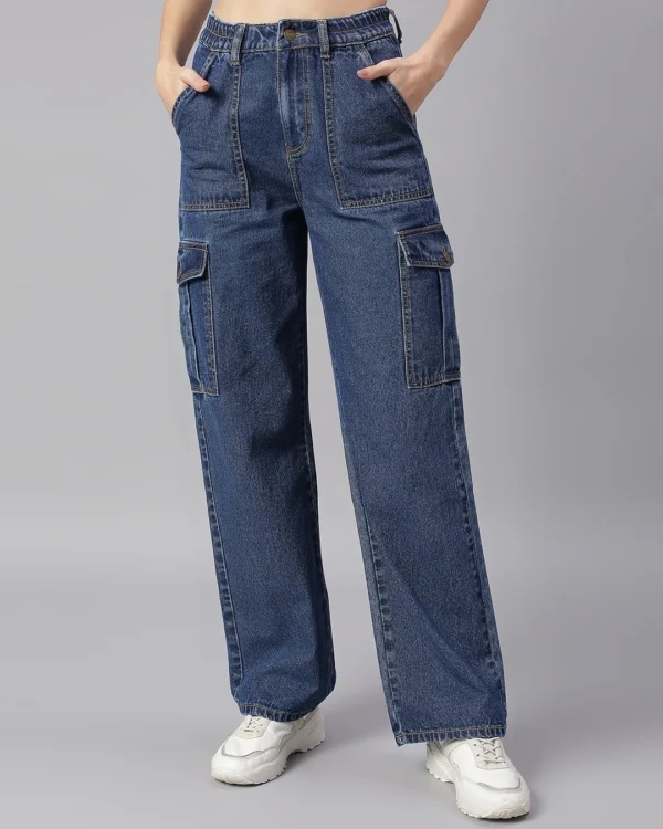 Women's Mid Blue Straight Fit Cargo Jeans